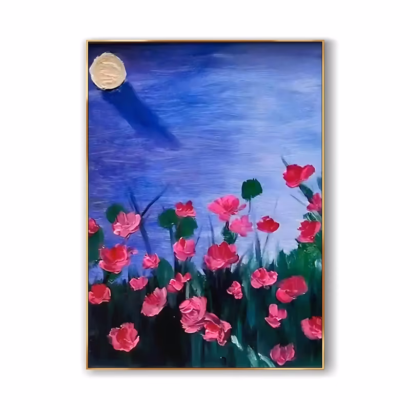 a large vertical painting of magenta and pink poppies on dark green stems along the lower edge, under a deep blue and violet night sky with a pale cream full moon casting a beam of light, in thick oil
