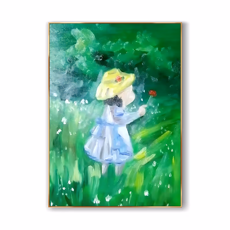 a large vertical impressionist painting of a little girl seen from behind in a white and blue dress and yellow straw hat, reaching for a red flower in a deep green meadow scattered with white dabs, in soft acrylic