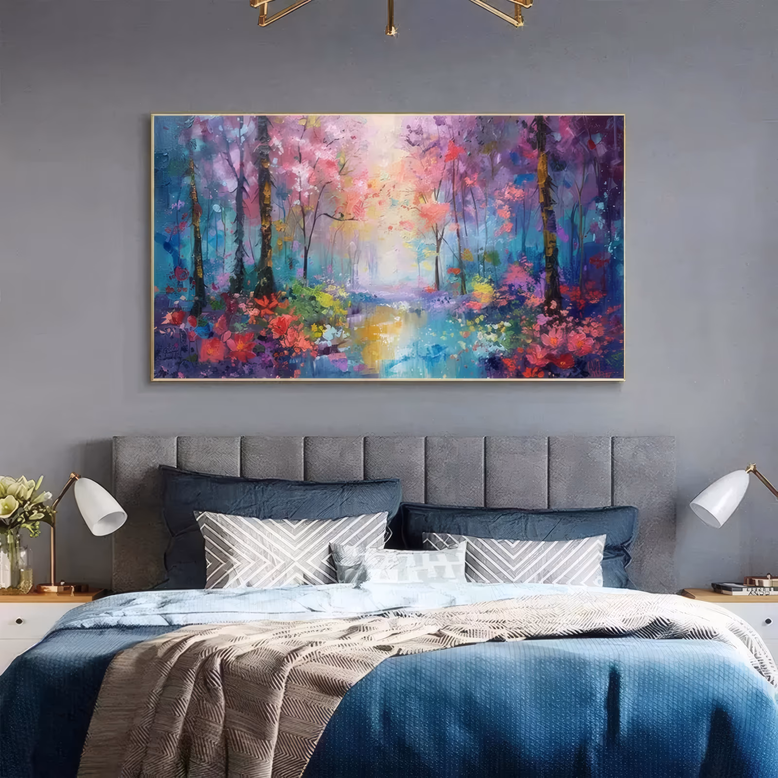 a wide horizontal impressionist painting of a blossoming forest in pink, purple and magenta, with dark trunks over a pale stream that runs to the center and red and yellow wildflowers on both banks, in palette-knife oil