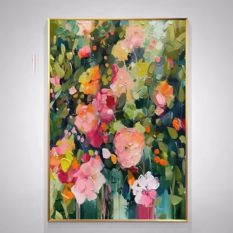 a large vertical palette-knife painting of pink, magenta and coral roses opening among dense green and olive leaves, with orange berries and dark teal drips at the base, laid on in thick oil
