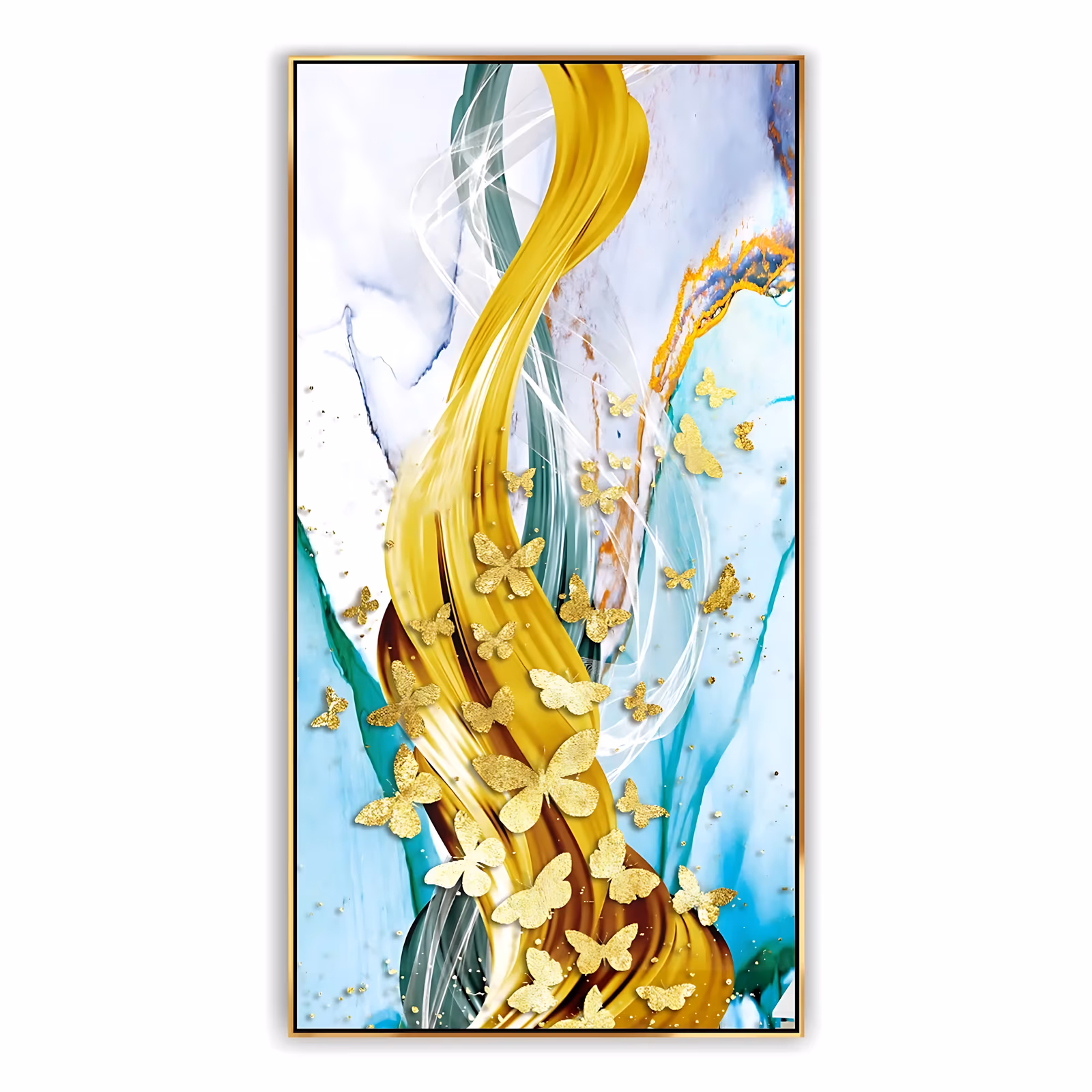 a tall vertical abstract painting of a golden ribbon curving up the center with a swarm of glittering gold butterflies rising along it, over a marbled teal, blue and white ground, in smooth acrylic