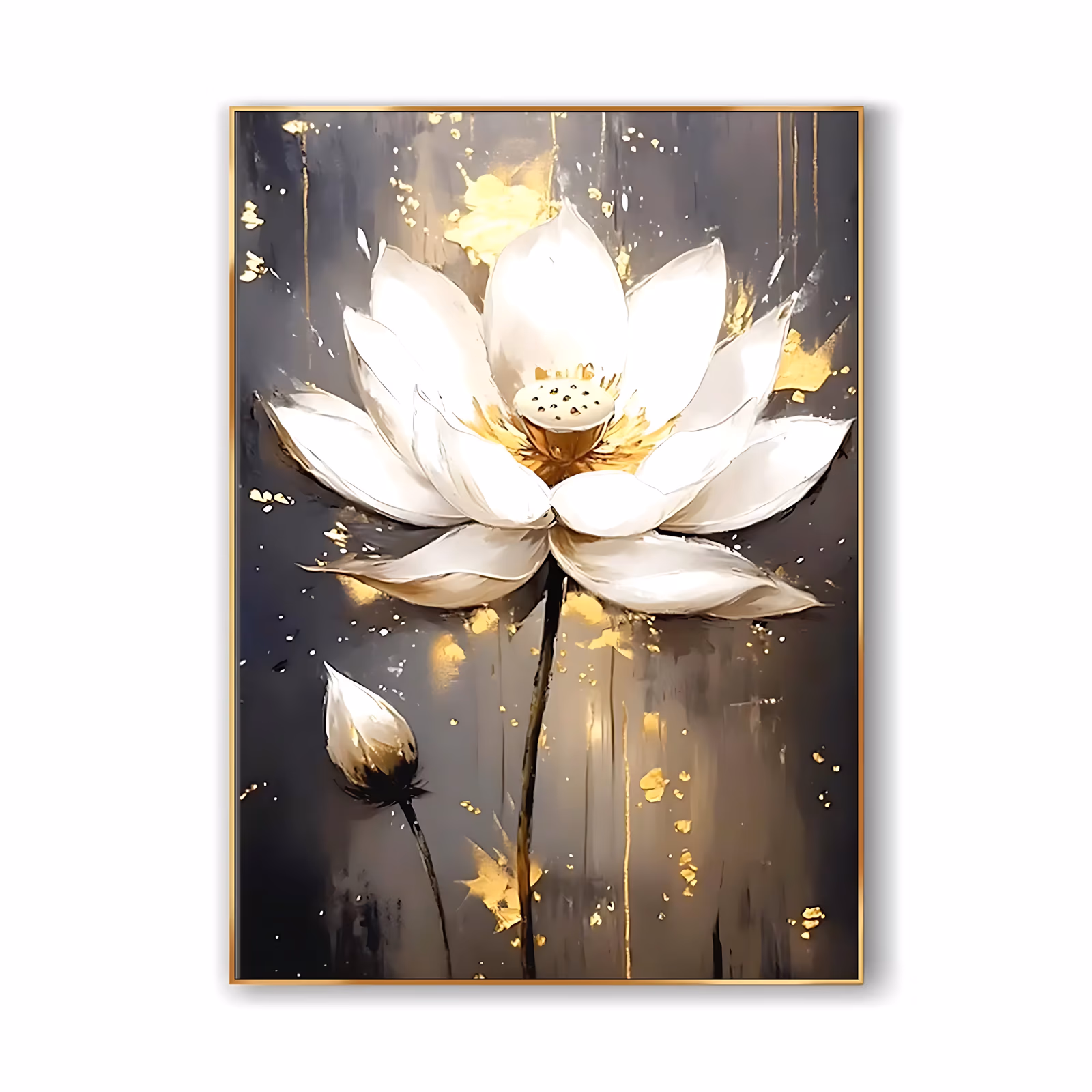 a large vertical floral painting of one open white lotus with a gold seed head at its center and a small closed bud below left, on a charcoal gray ground streaked with gold leaf and thin drips in thin acrylic