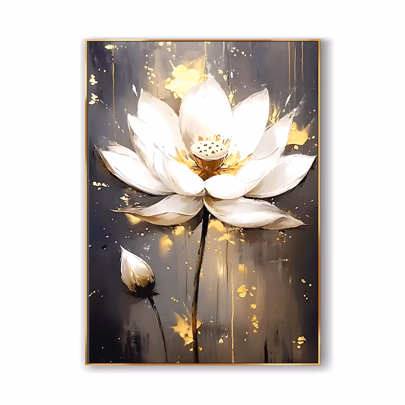 a large vertical floral painting of one open white lotus with a gold seed head at its center and a small closed bud below left, on a charcoal gray ground streaked with gold leaf and thin drips in thin acrylic