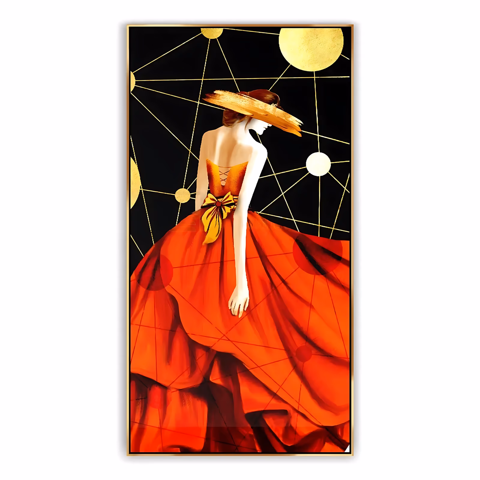a tall vertical figurative painting of a woman seen from behind in a red-orange gown and wide gold hat, a gold bow at her waist, on a black ground laced with fine gold lines and gilded discs, in hand-painted oil