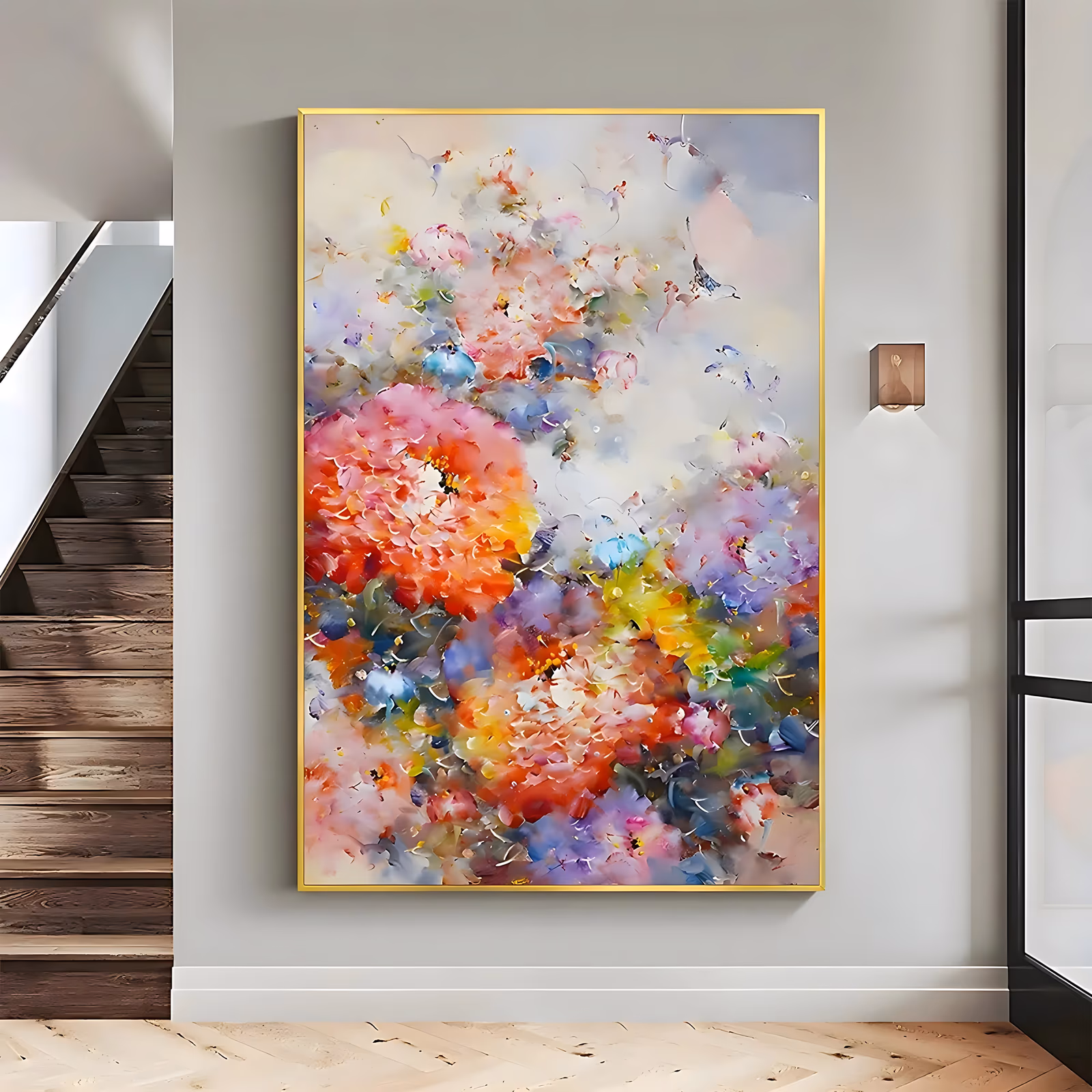 a large vertical impressionist painting of a dense cluster of coral, pink, lilac and yellow blooms filling the lower two thirds, with soft cream space and a few small birds above, in blended oil