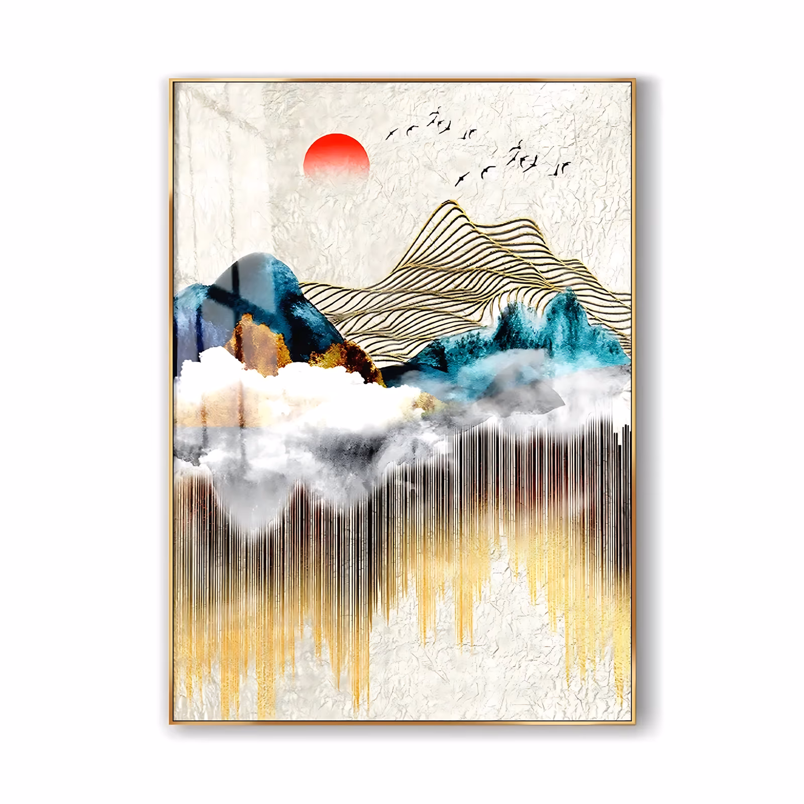 a tall vertical landscape painting of stylized mountains in fine gold contour lines with teal and navy peaks, white clouds, a red sun and a flock of small black birds, over a cream ground with gold drips below