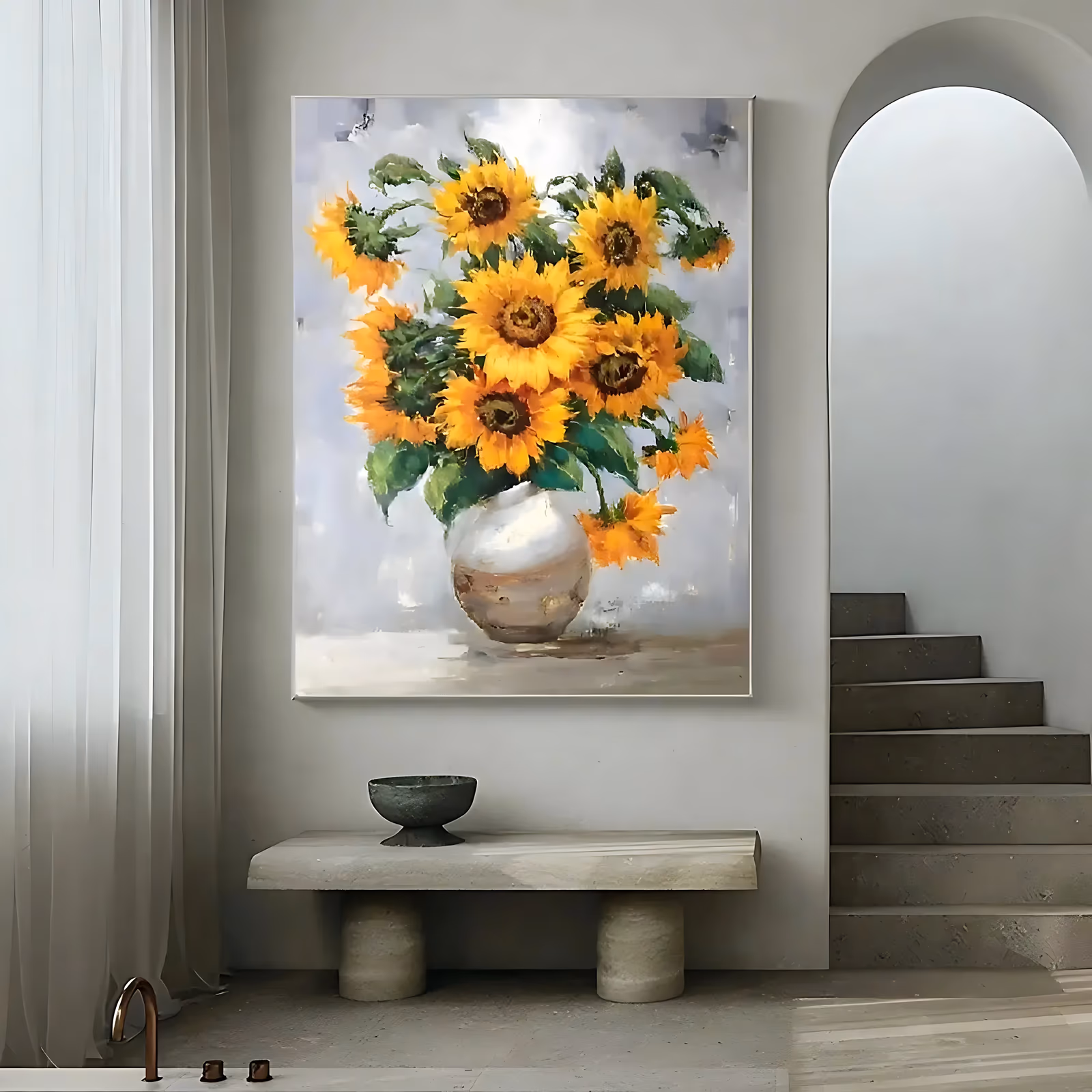 a large vertical impressionist painting of golden yellow sunflowers with broad green leaves standing in a round white ceramic vase, set against a soft gray and white background, in loose brushed oil