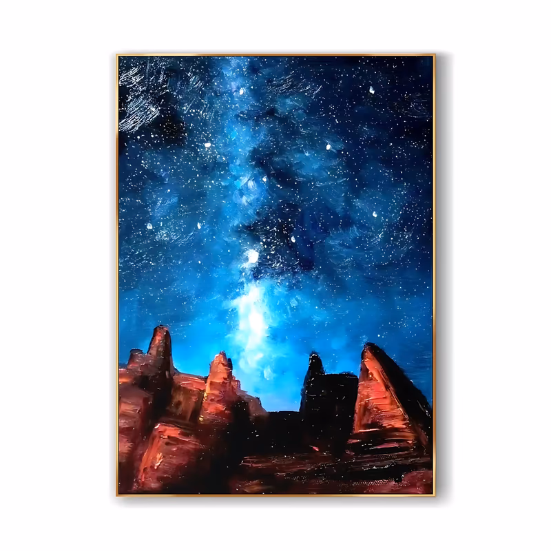 a large vertical impressionist painting of the milky way swirling through a deep blue star-filled sky above dark red sandstone buttes along the bottom of the frame, in thick palette-knife acrylic