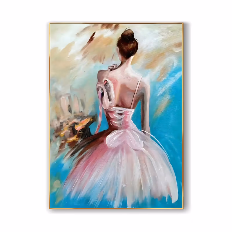 a large vertical impressionist painting of a ballerina seen from behind, her brown hair in a bun and her pink and white tutu flaring at the center, against a turquoise and beige ground, in soft oil