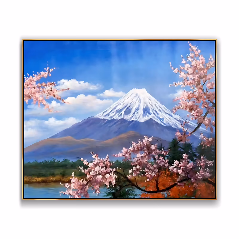 a large horizontal realist oil painting of snow-capped mount fuji under a deep blue sky, framed left and right by pink cherry blossom branches with a pale lake, green pines and red autumn foliage below