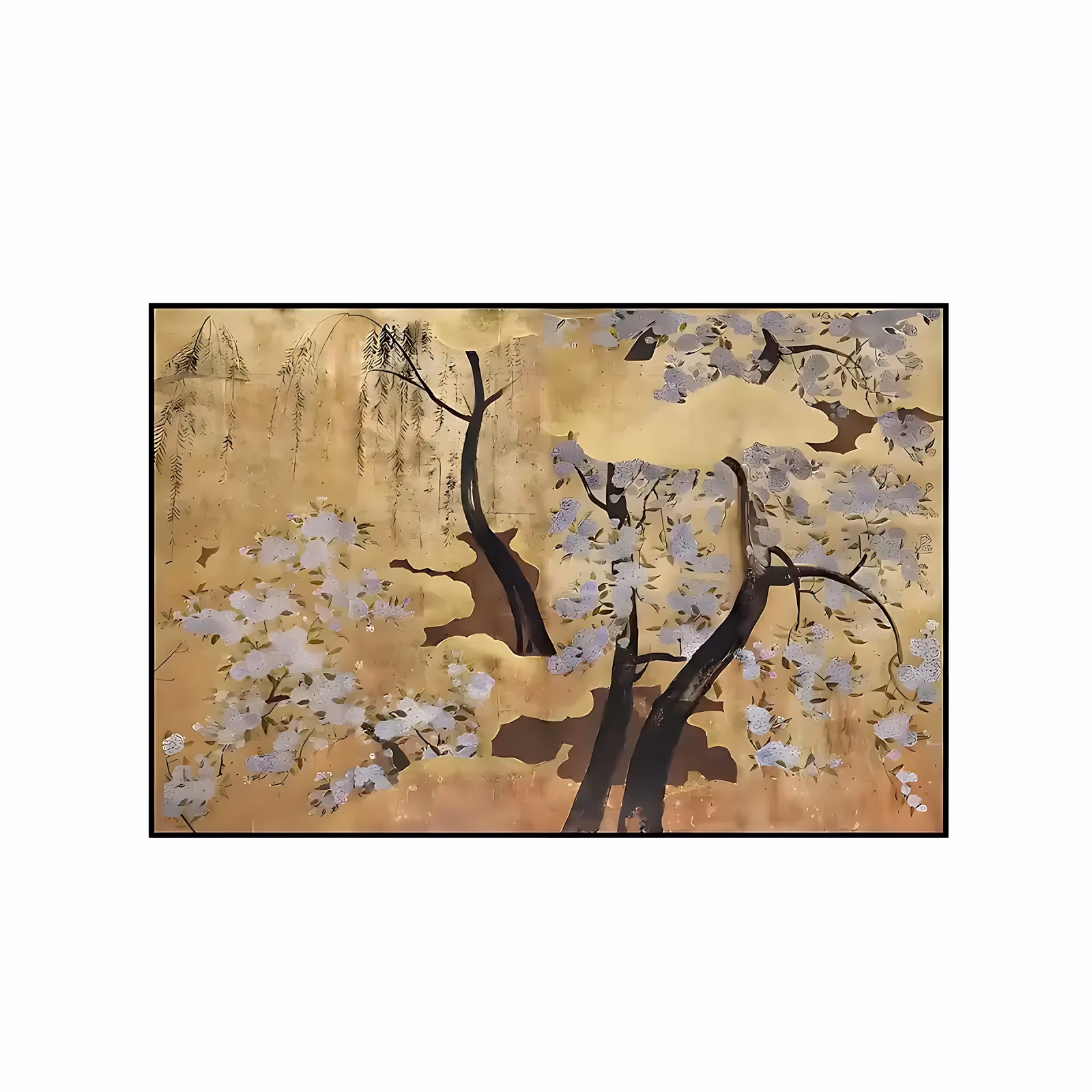 a wide horizontal Japanese screen style painting of blossoming trees with dark twisting trunks and clusters of white and lavender flowers on a weathered gold leaf ground, willows drawn in fine ink at the left