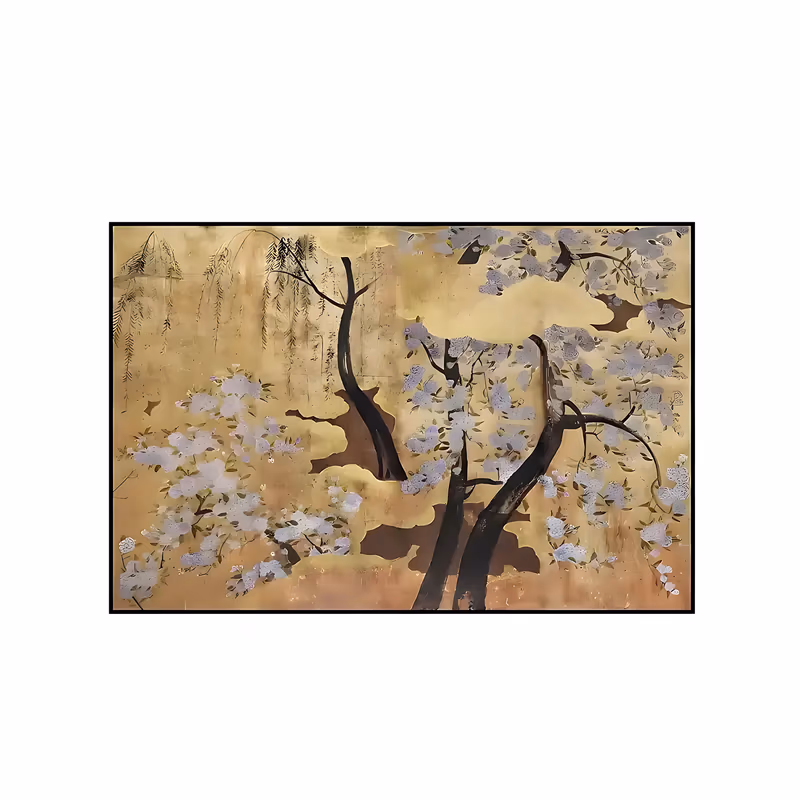 a wide horizontal Japanese screen style painting of blossoming trees with dark twisting trunks and clusters of white and lavender flowers on a weathered gold leaf ground, willows drawn in fine ink at the left