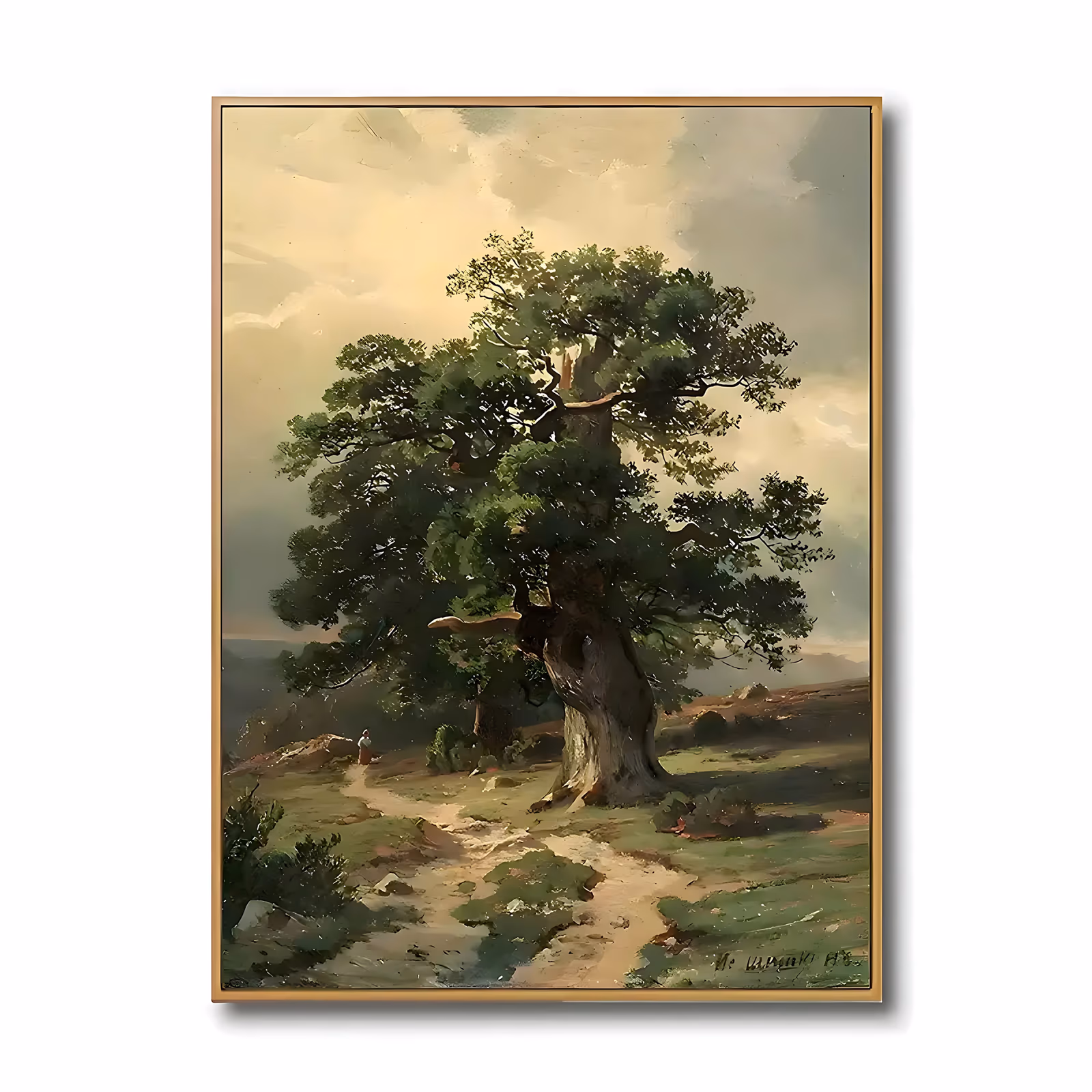 a large vertical landscape painting of a single gnarled oak with a heavy dark-green canopy standing beside a sandy heath path, a small figure walking in the distance, under a pale cream and grey sky, in aged oil