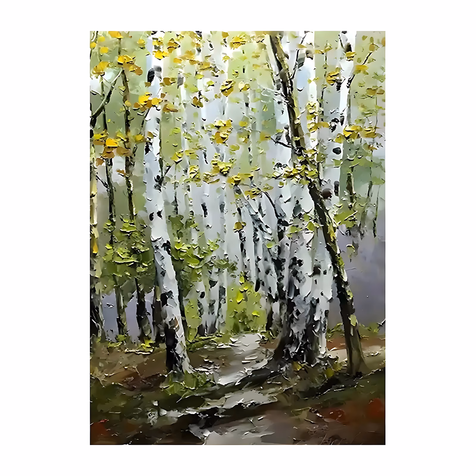 a large vertical impressionist painting of white birch trunks with black markings, chartreuse and yellow leaves in thick dabs, a pale wet path running down the middle and gray mist behind, in palette-knife oil