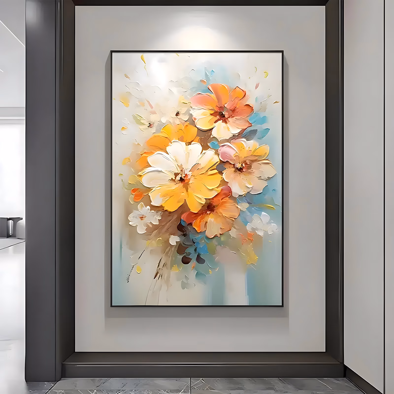 a large vertical textured floral painting of a cluster of orange, yellow and white blooms massed in the upper center with blue-gray leaves behind them, on a pale cream ground, in thick knife-laid acrylic