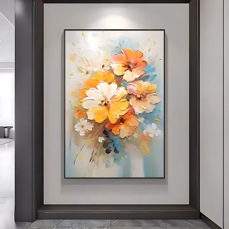 a large vertical textured floral painting of a cluster of orange, yellow and white blooms massed in the upper center with blue-gray leaves behind them, on a pale cream ground, in thick knife-laid acrylic