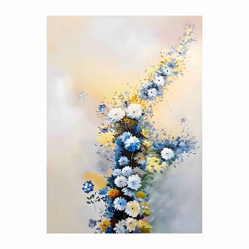 a large vertical impressionist canvas painting of white, blue and yellow daisies climbing in a diagonal spray from the lower left to the upper right corner, on a soft cream and peach misty ground, in blended oil