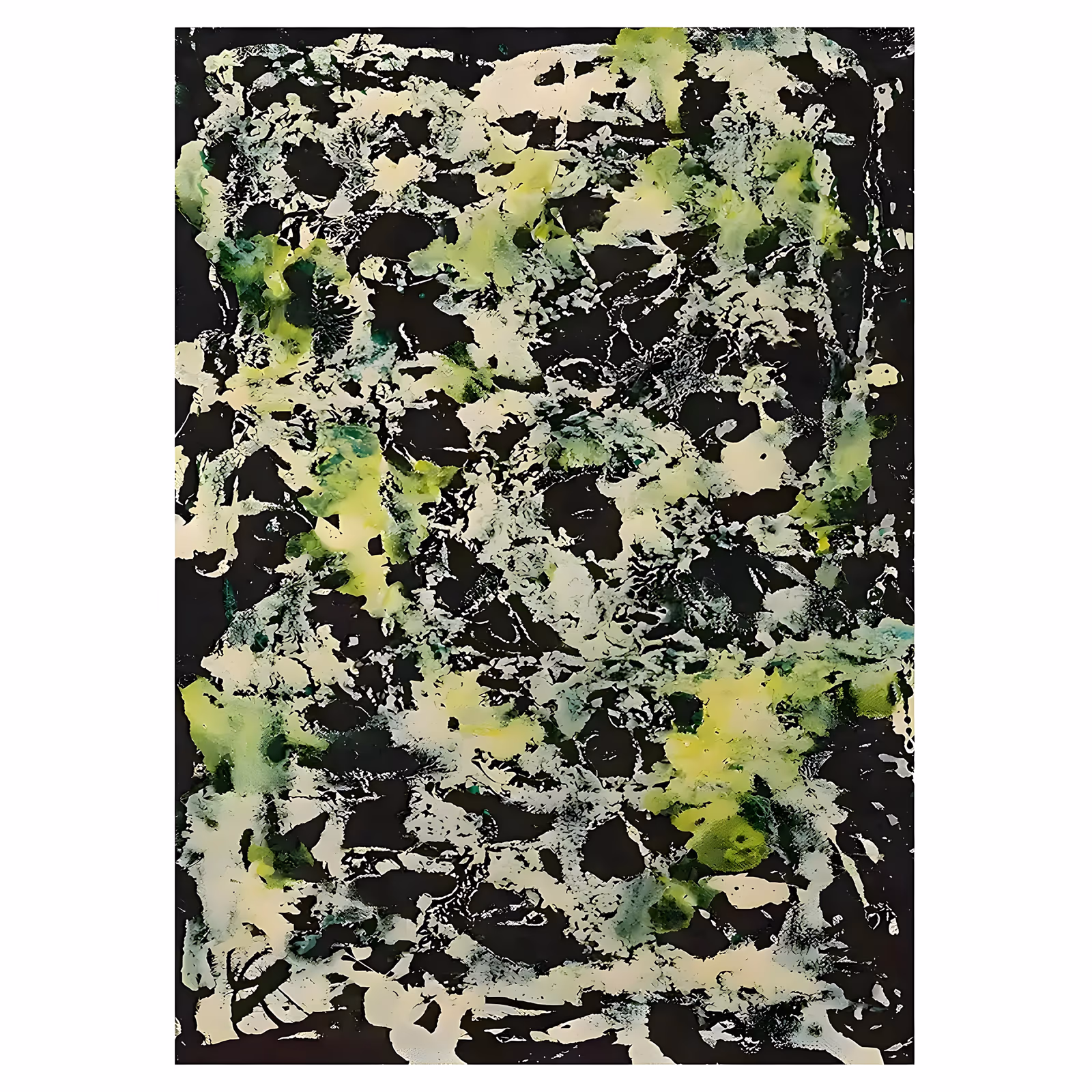 a large vertical abstract painting with an all-over lichen-like pattern of cream and lime green paint over a black ground, broken into lacy islands and fine pinholes, in thin pressed acrylic