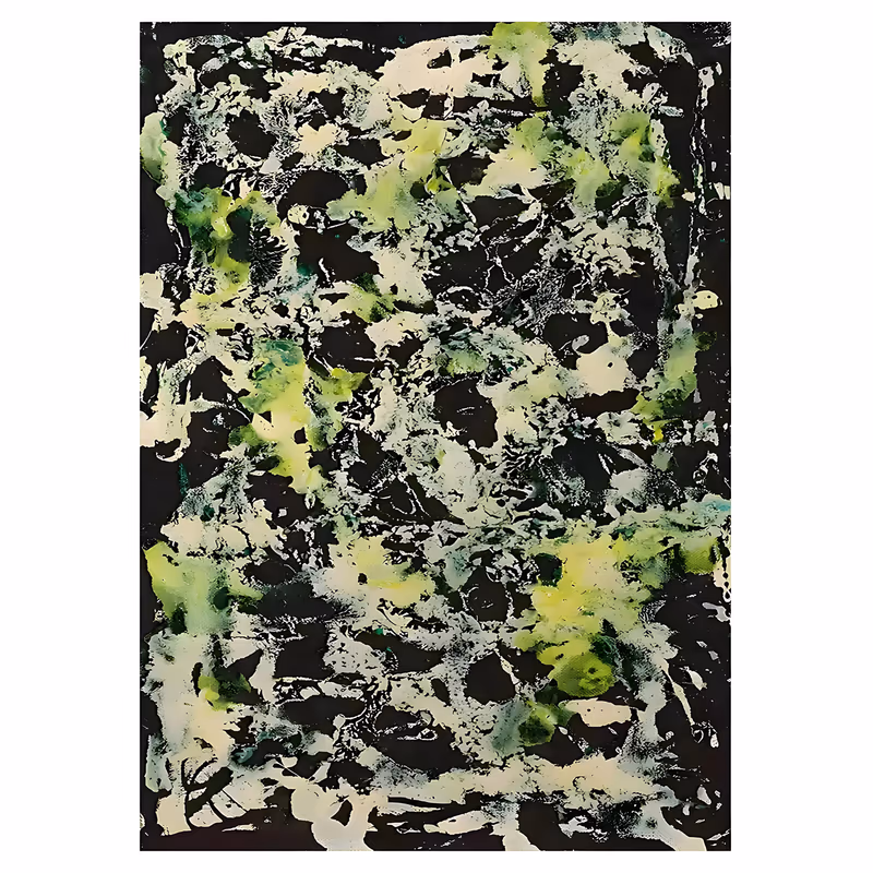 a large vertical abstract painting with an all-over lichen-like pattern of cream and lime green paint over a black ground, broken into lacy islands and fine pinholes, in thin pressed acrylic