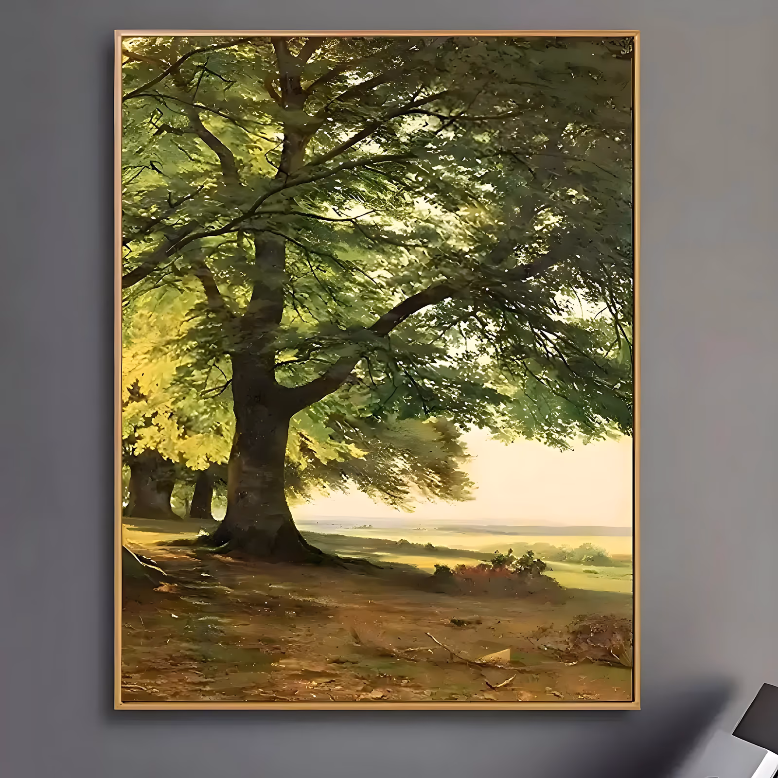 a large vertical realist painting of a broad sunlit oak tree with a spreading canopy on the left, its trunk in shadow above a brown meadow that opens onto a pale cream sky and distant green plain, in oil