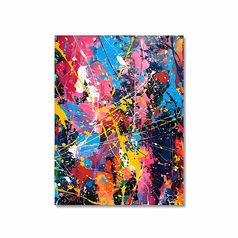 a large vertical abstract painting of flung magenta, cyan, yellow and white paint over a near-black ground, with long thrown lines and beaded drips standing up from the surface, in thick splattered acrylic