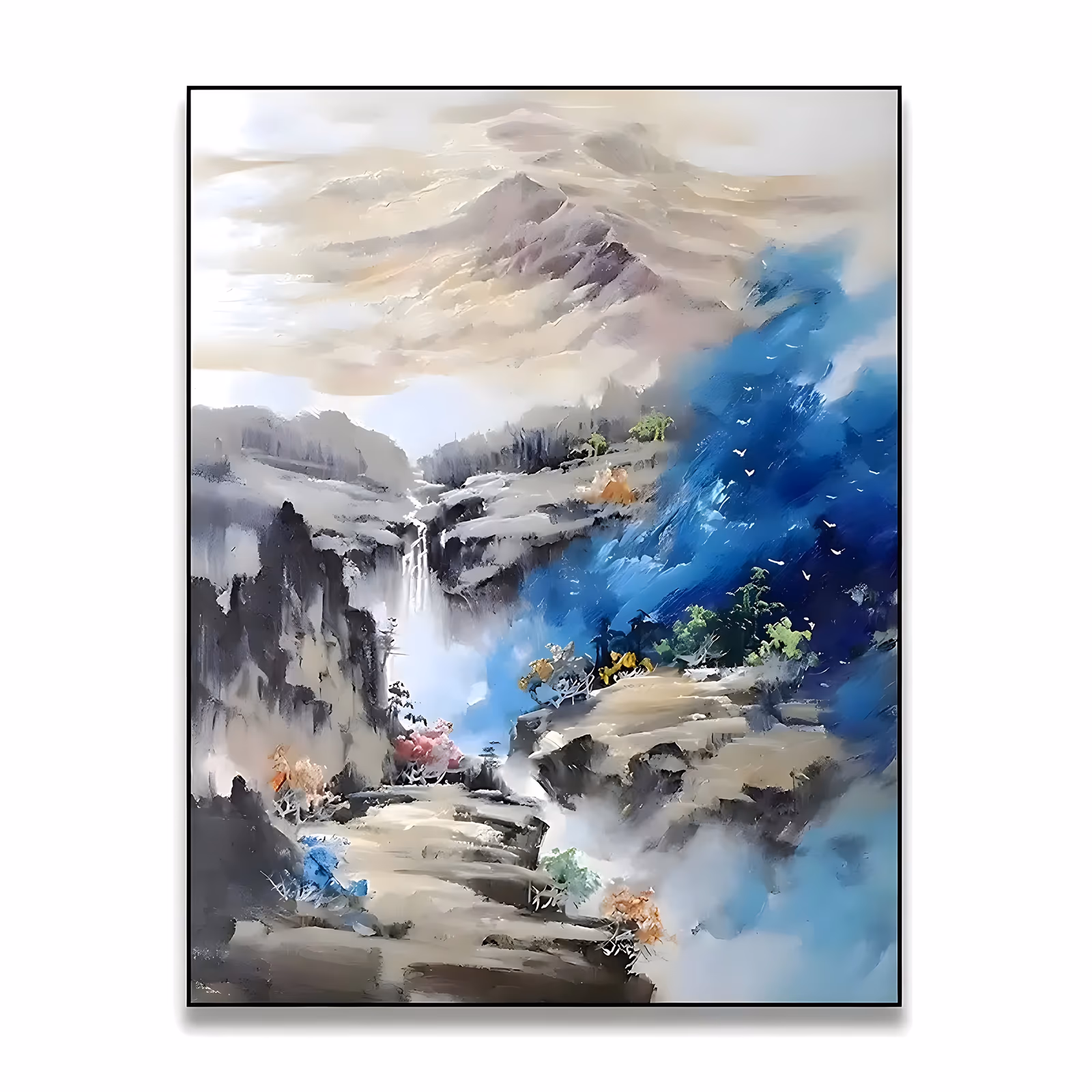 a large vertical impressionist painting of a Chinese-style mountain with a white waterfall falling into a gorge, gray rock ledges below and a deep blue mist cloud with tiny birds on the right, in scraped oil