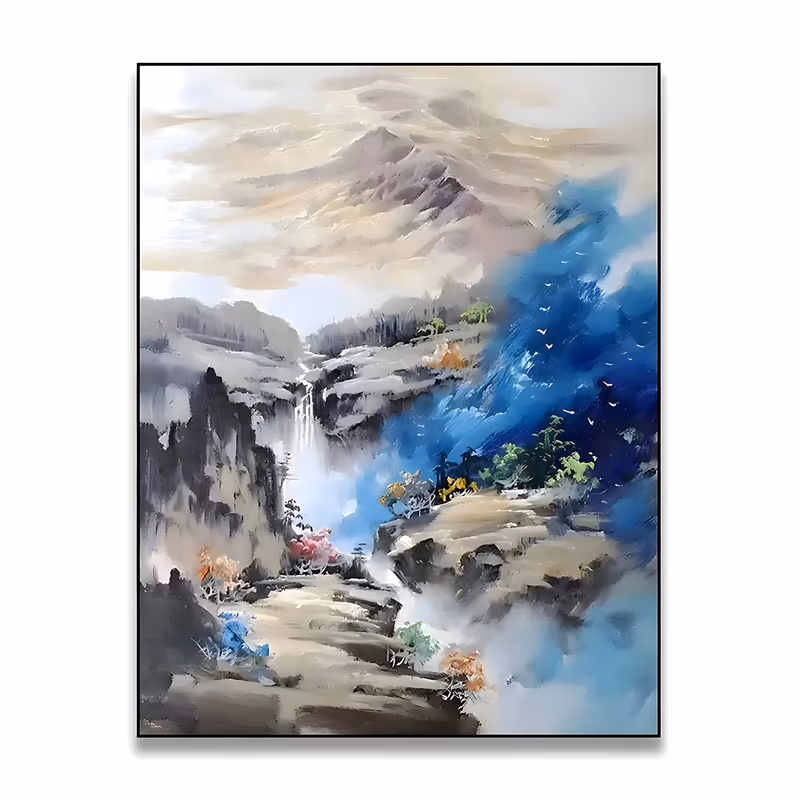 a large vertical impressionist painting of a Chinese-style mountain with a white waterfall falling into a gorge, gray rock ledges below and a deep blue mist cloud with tiny birds on the right, in scraped oil