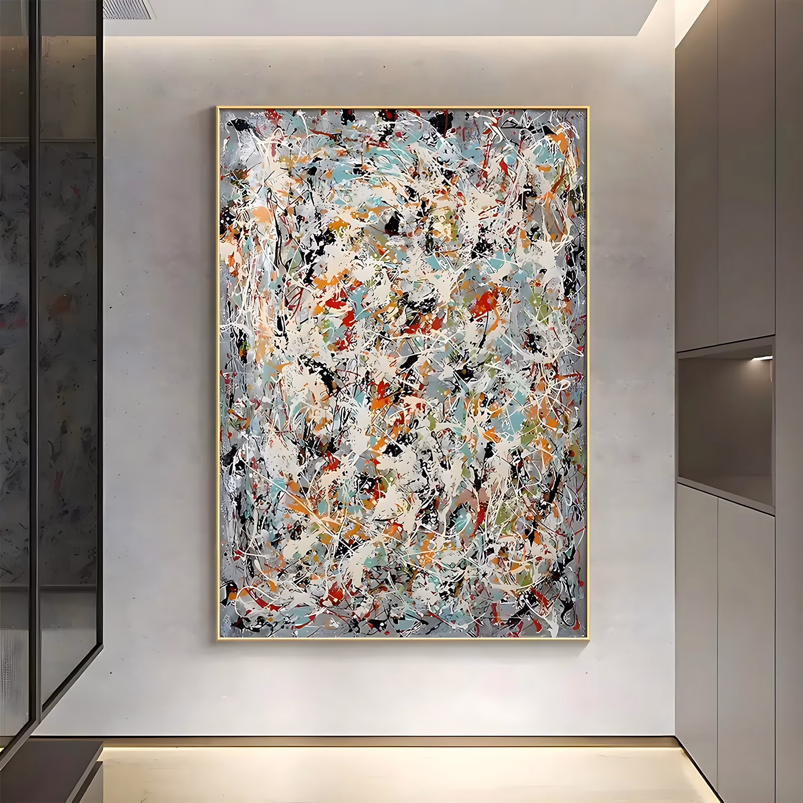 a large vertical abstract drip painting with cream, teal, orange, red and black lines flung over a pale gray ground, thin white strands looping through the tangle from edge to edge, in poured acrylic