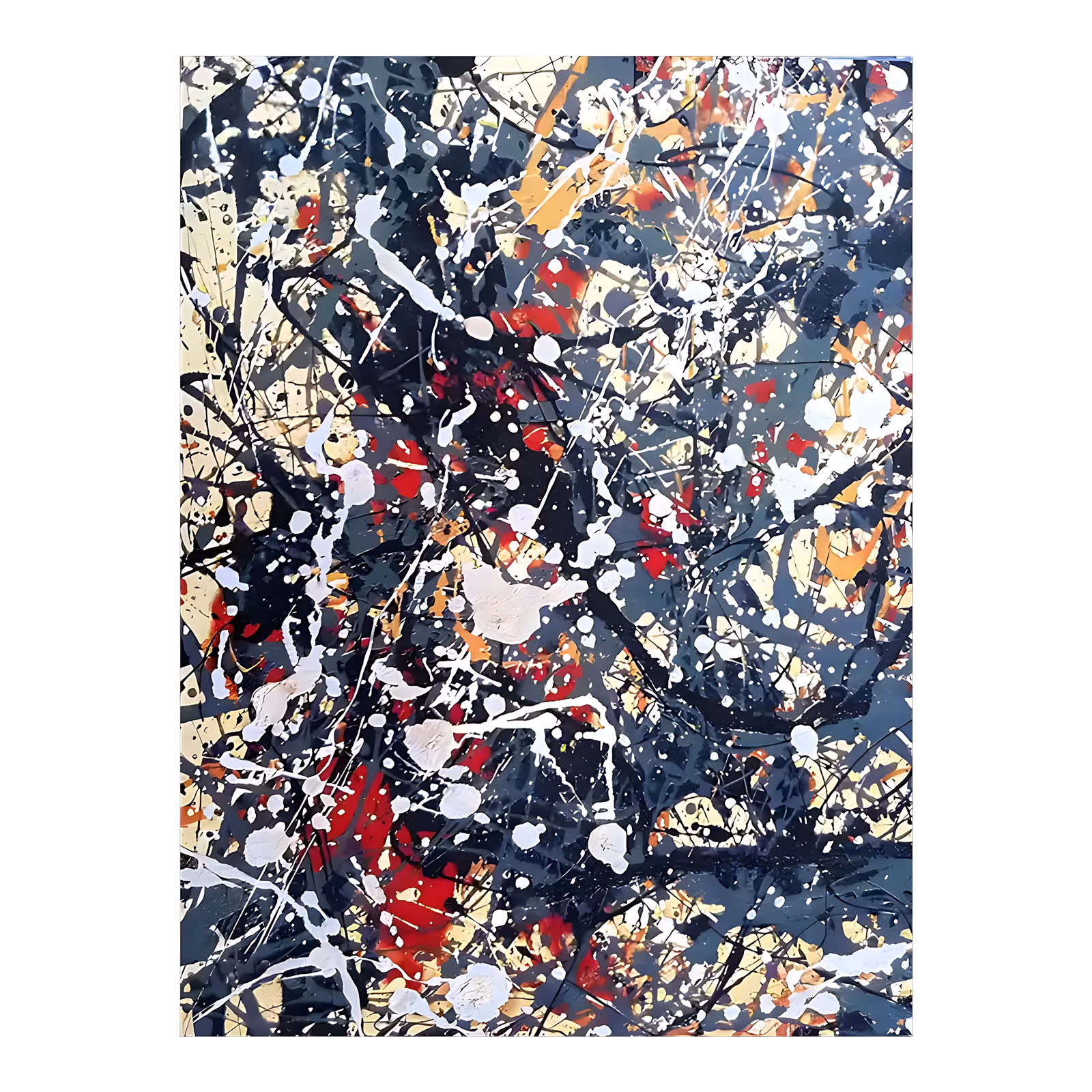 a large vertical abstract painting of tangled black and white paint drips flung over patches of red, orange and pale gold, layered into a dense web, in poured splattered acrylic