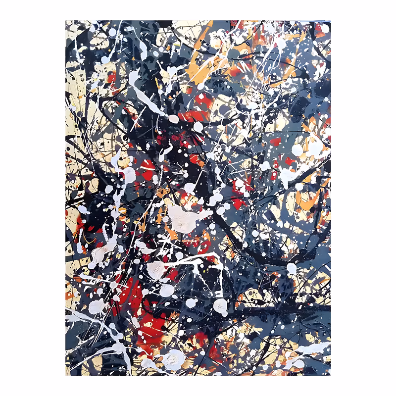 a large vertical abstract painting of tangled black and white paint drips flung over patches of red, orange and pale gold, layered into a dense web, in poured splattered acrylic