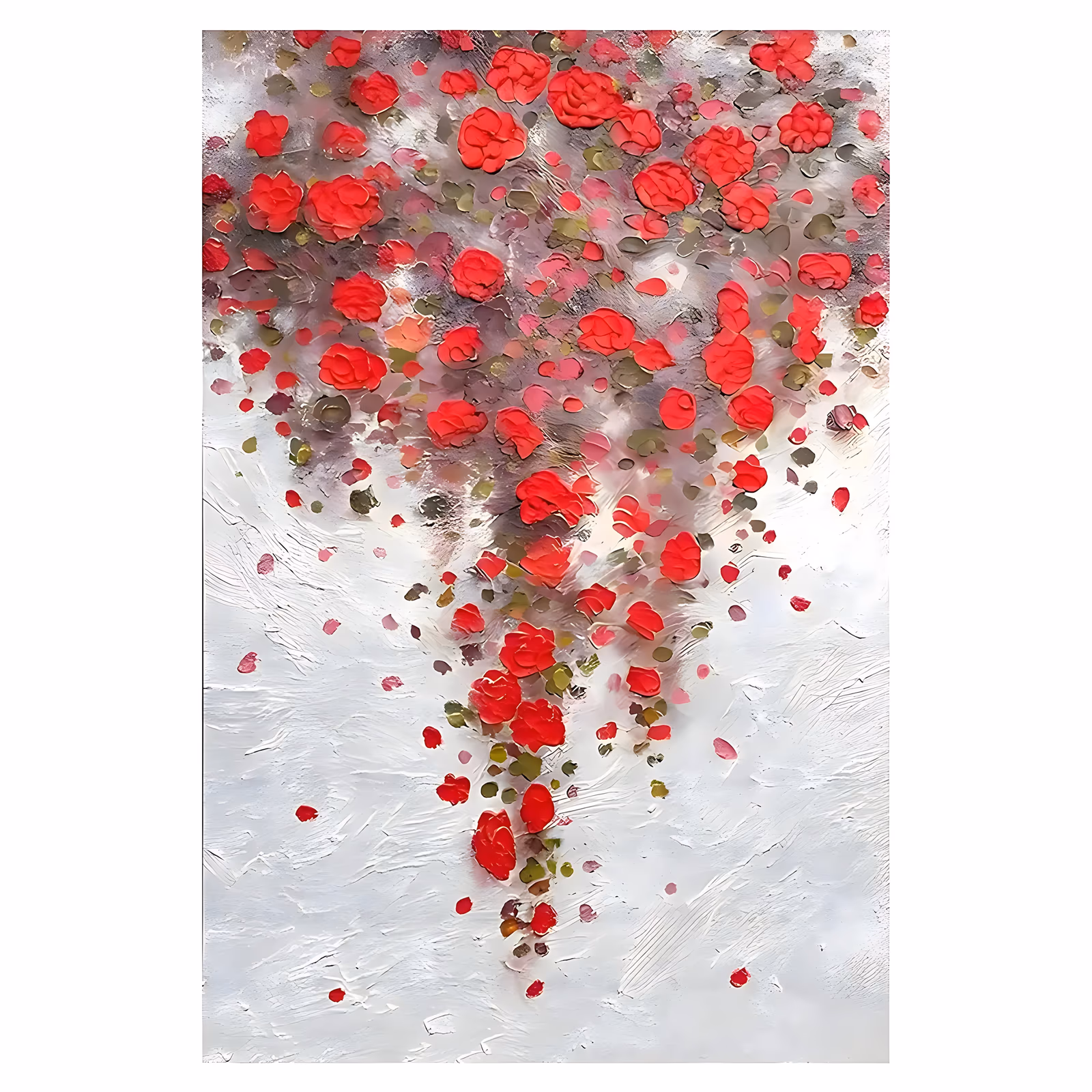 a large vertical textured floral painting of red impasto roses clustered at the top and cascading to a thin trail at bottom center, with olive petals and a gray wash on a white ground, in thick palette-knife acrylic