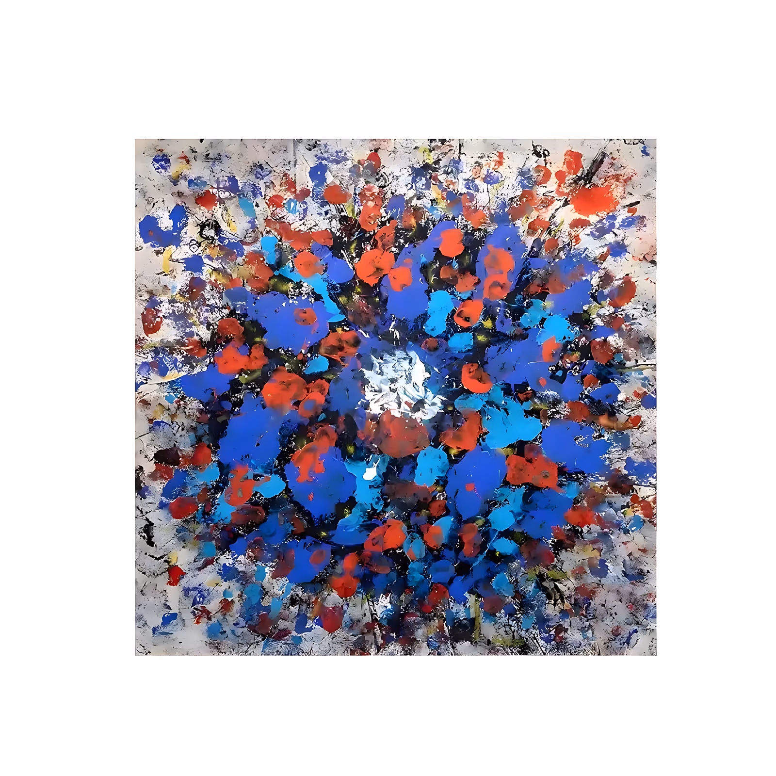 a large square abstract painting of cobalt blue, turquoise and vermilion petal-shaped blobs bursting outward from a white core over a mottled gray ground streaked with black, in thick dabbed acrylic