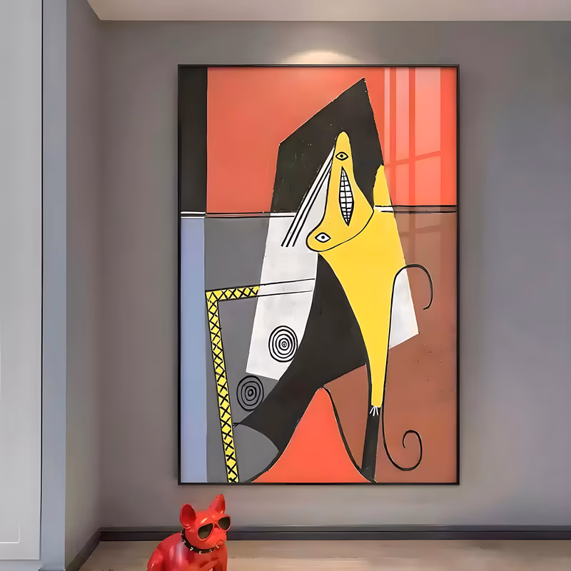 a large vertical cubist painting of a yellow figure with a sharp profile seated in a black armchair, set on red, gray and brown blocks with two spiral motifs, in flat opaque oil
