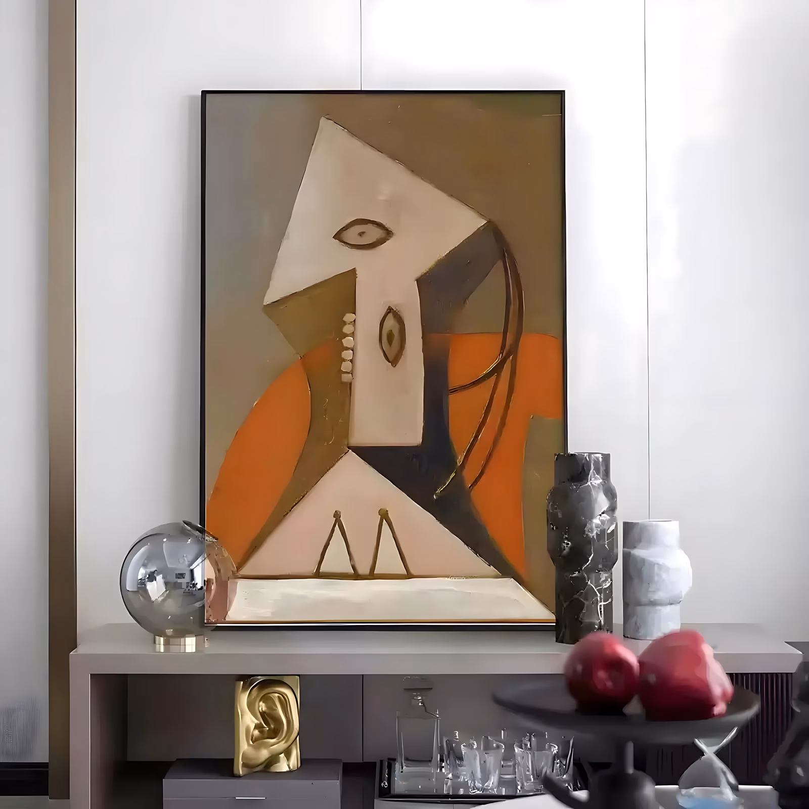 a large vertical cubist painting of a seated woman built from flat planes, a cream triangular head with two drawn eyes above an orange curved shoulder on olive and brown, in matte oil