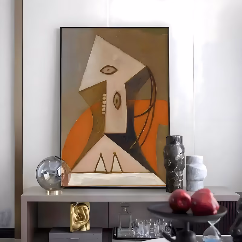 a large vertical cubist painting of a seated woman built from flat planes, a cream triangular head with two drawn eyes above an orange curved shoulder on olive and brown, in matte oil