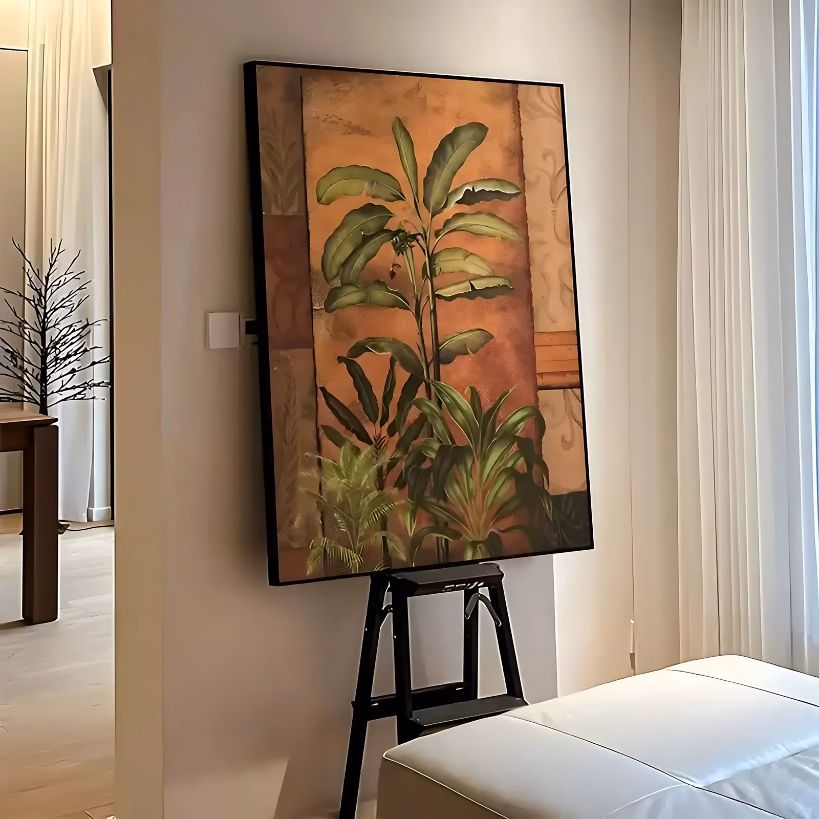 a large vertical realist painting of banana and palm plants rising at the center of a warm ochre panel, framed by terracotta and brown blocks with a faint scroll motif border, in soft matte oil