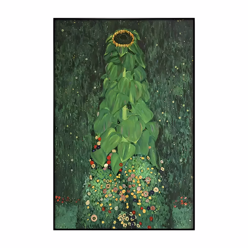 a large vertical oil painting of one tall sunflower with a gold and dark brown head at the top, its broad green leaves stacked down the stem over a dense dark green garden dotted with small red, yellow and white blooms