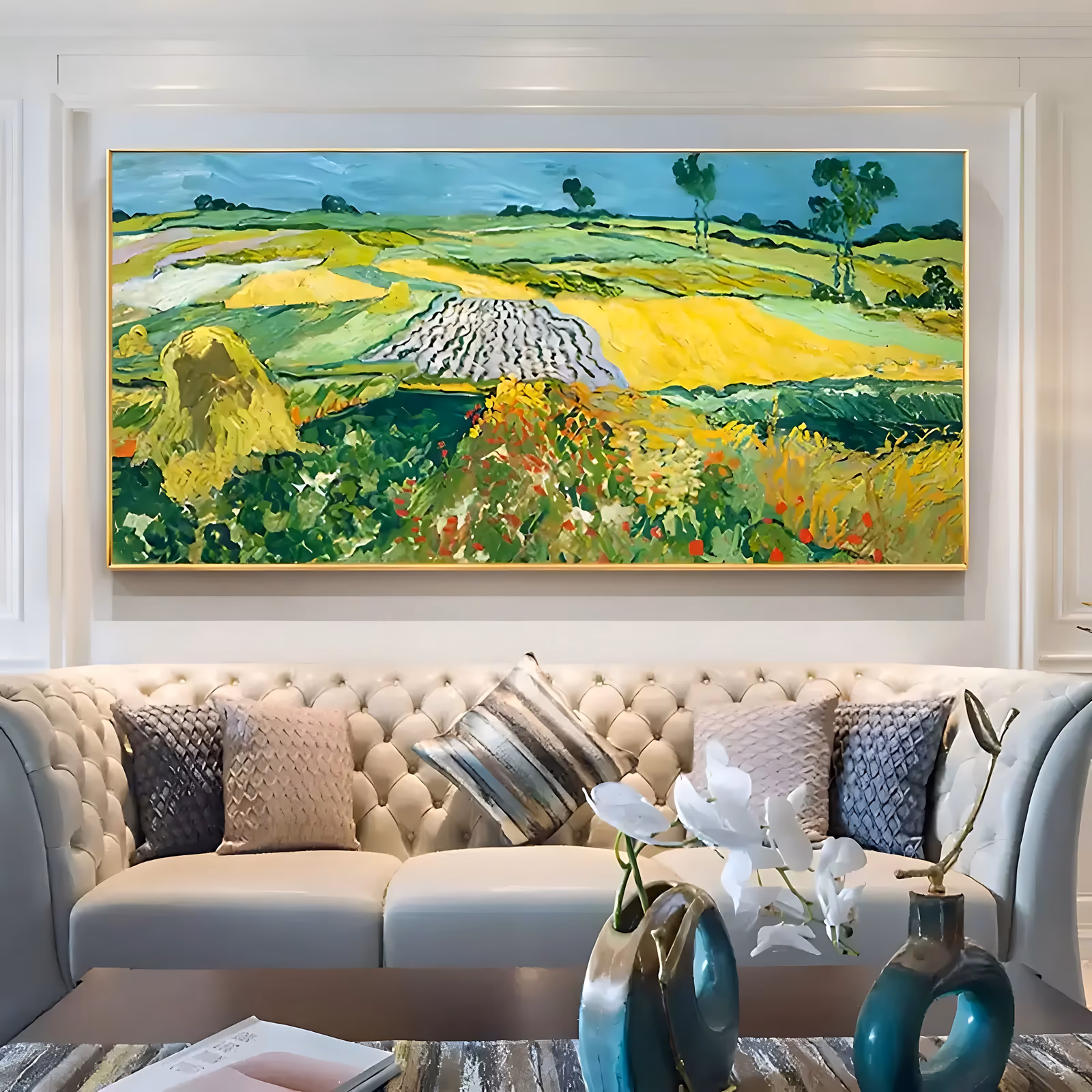 a wide panoramic impressionist painting of rolling wheat fields in green and yellow, a pale haystack at the left, red poppies dotting the hedgerow below a blue sky, in thick swirling oil