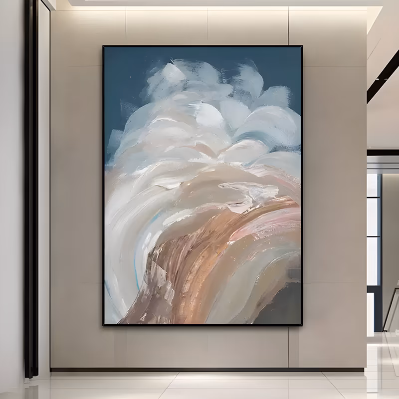 a large vertical abstract painting of a thick cream and white cloud swirl rising over a copper tan wave, set on a deep teal blue sky ground, built up in heavy palette-knife acrylic