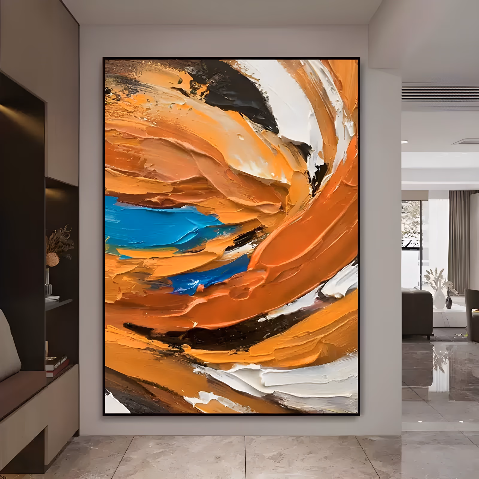a large vertical abstract painting of broad orange, ochre and white knife strokes curving around a central hollow, with black ribbons and one bright cobalt blue wedge left of center, in very thick impasto