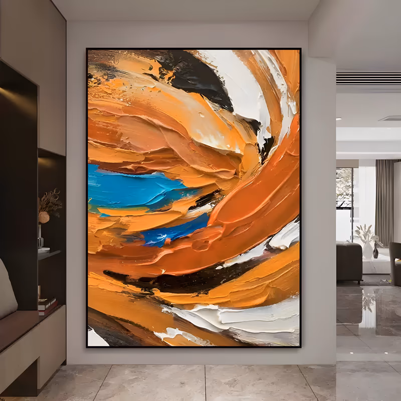 a large vertical abstract painting of broad orange, ochre and white knife strokes curving around a central hollow, with black ribbons and one bright cobalt blue wedge left of center, in very thick impasto