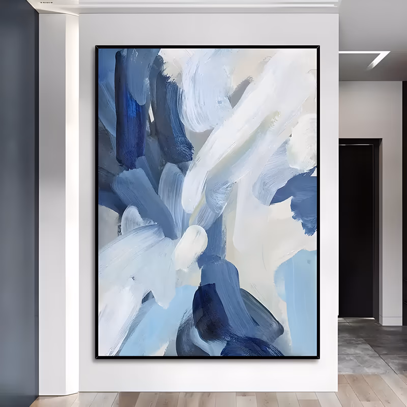 a large vertical abstract painting of broad crossing brushstrokes in navy, slate blue, sky blue, white and cream, laid over one another in thick wet paint with visible bristle marks and soft ridges