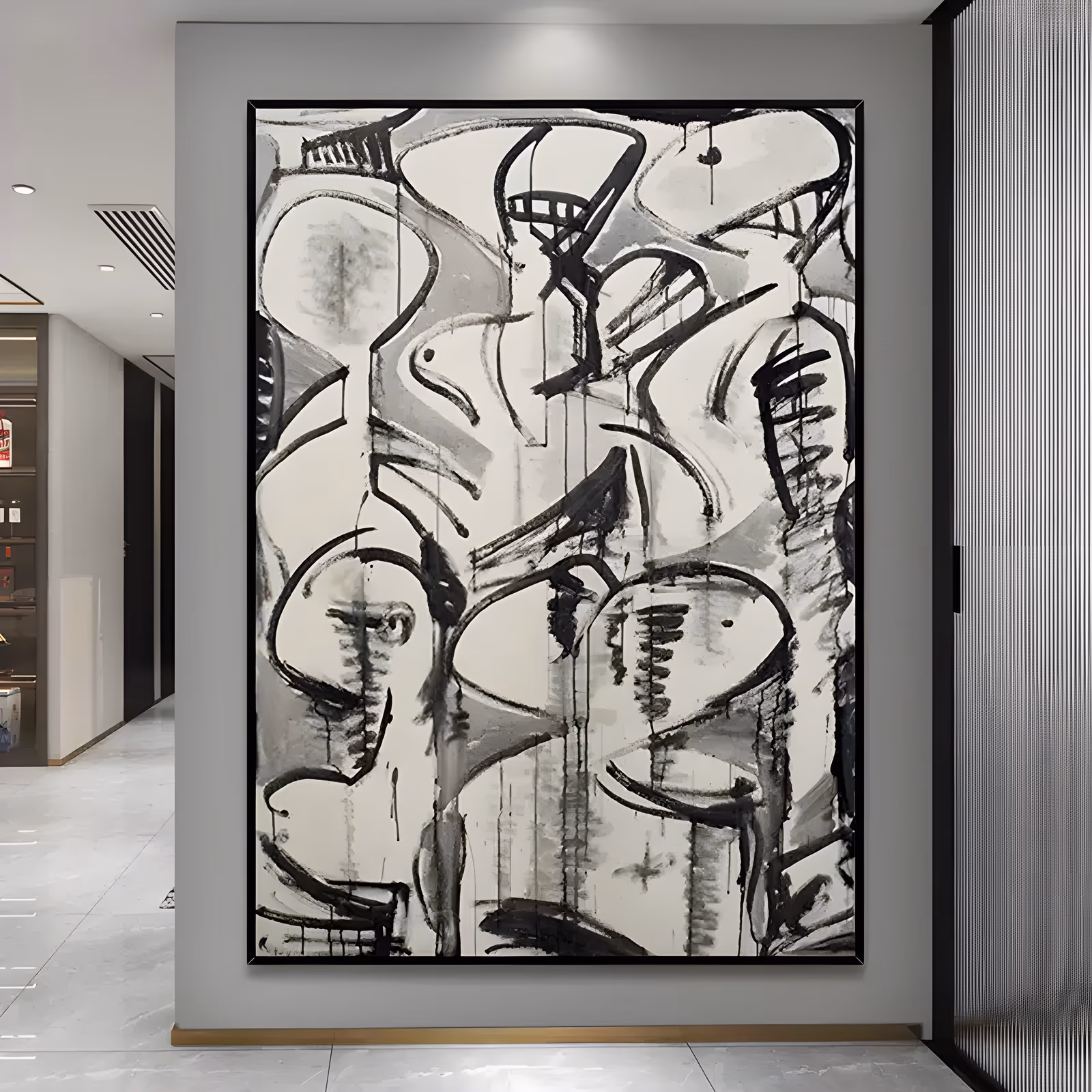 a large vertical abstract painting of looping black brushstrokes, ovals and scribbled marks over a white and gray ground, with thin ink drips running down the canvas, in hand-painted acrylic