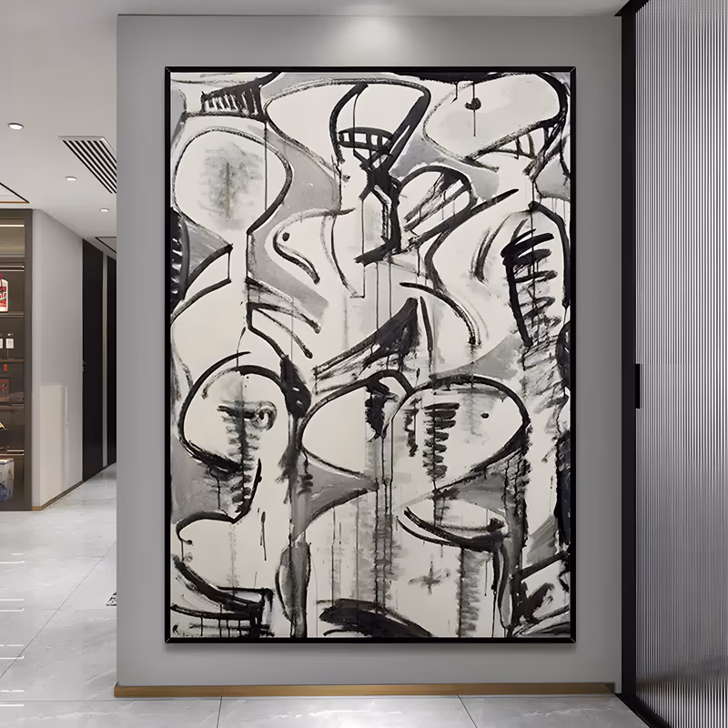 a large vertical abstract painting of looping black brushstrokes, ovals and scribbled marks over a white and gray ground, with thin ink drips running down the canvas, in hand-painted acrylic