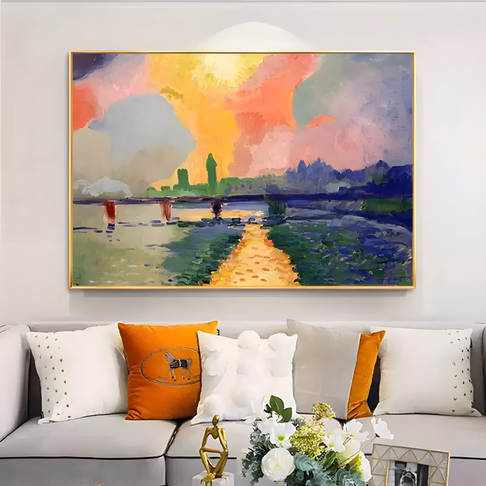 a large horizontal fauvist painting of a river at sunset, with a low bridge and small red-sailed boats at the left, a yellow path of light on the green water, and pink and gold clouds above, in flat oil