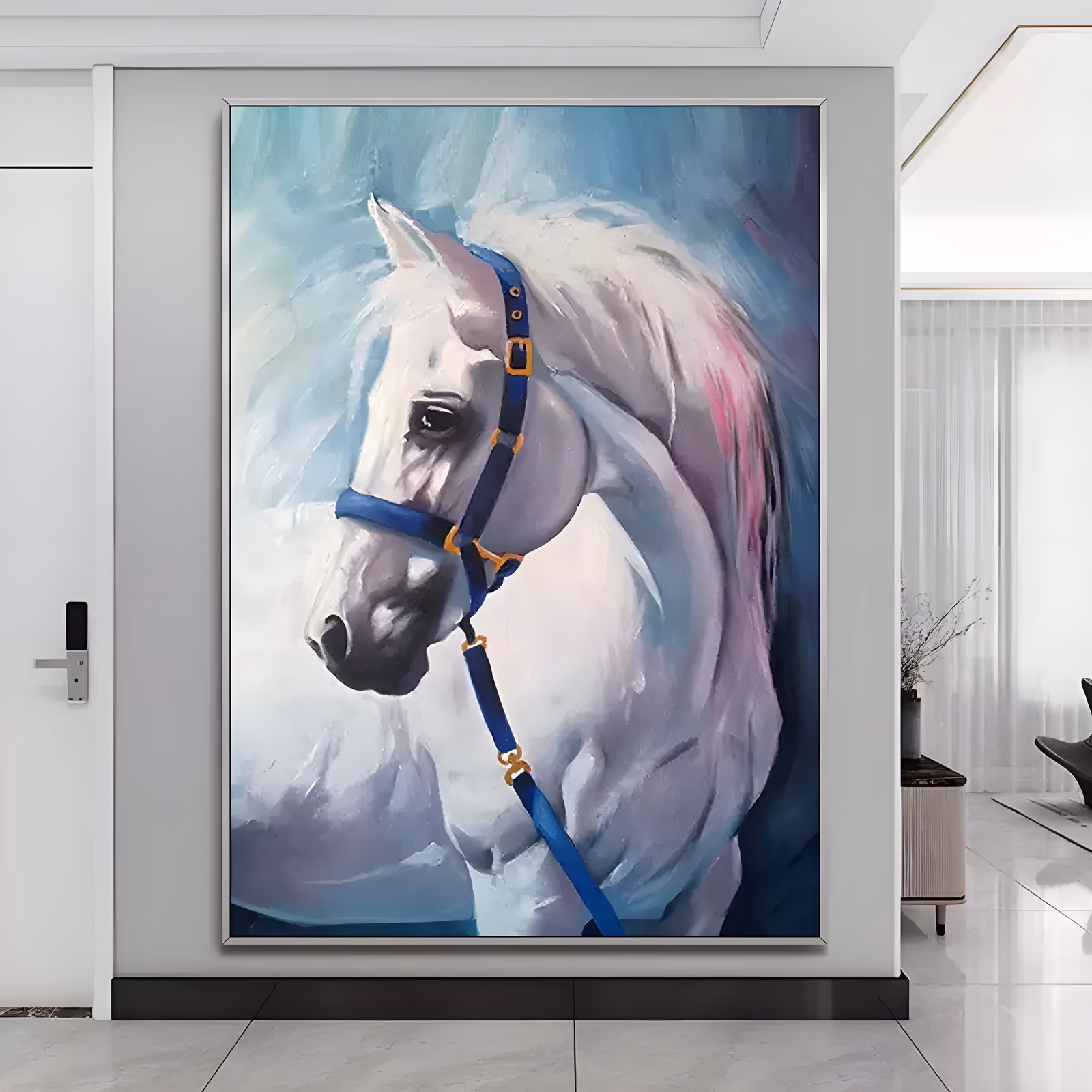 a large vertical animal painting of a white horse in three-quarter view wearing a royal blue halter with gold buckles, its mane touched with pink, on a brushy teal and blue ground in oil