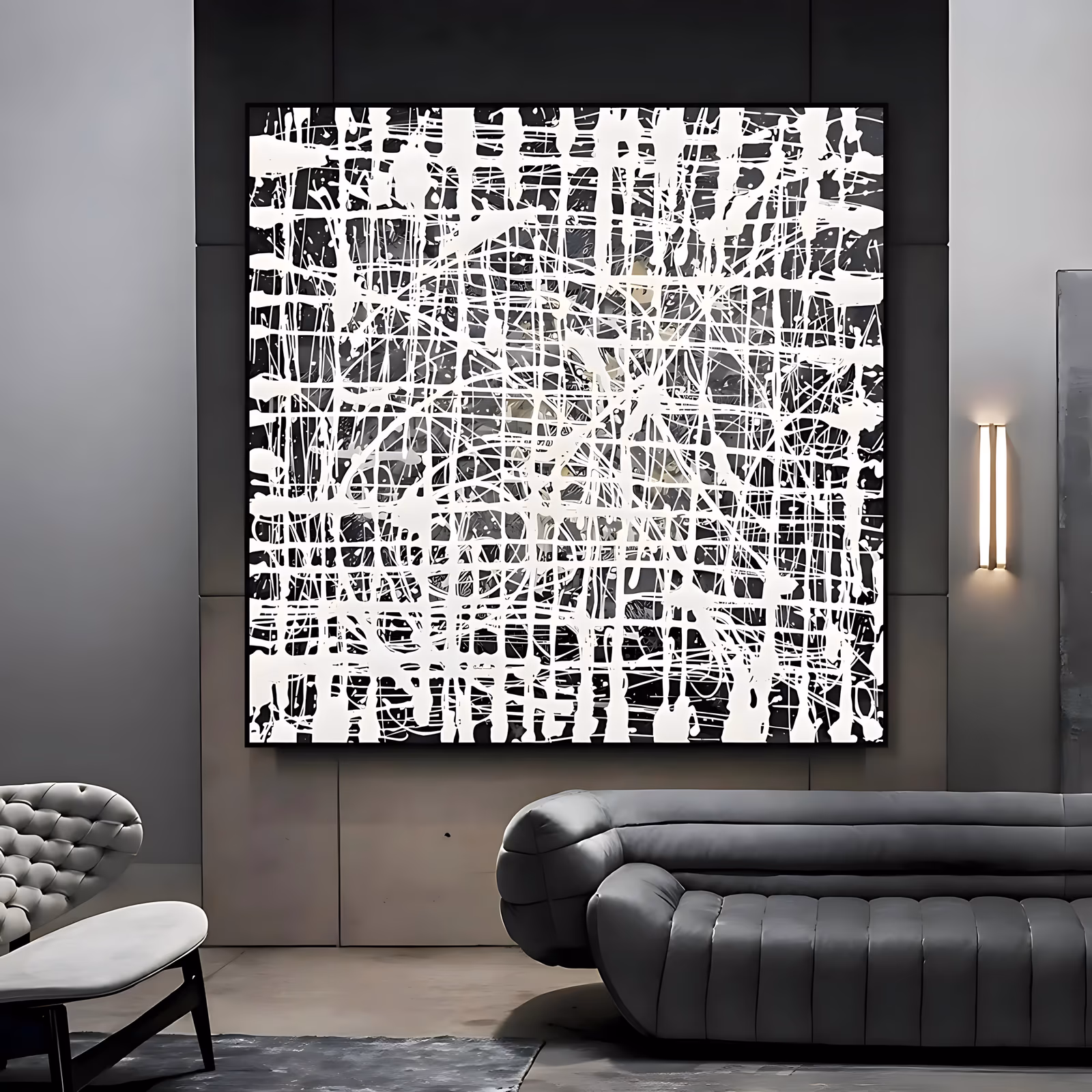 a large square abstract painting of tangled white drip lines poured in a dense web over a black ground, thickening into broad vertical bars near the bottom edge, in raised glossy poured paint