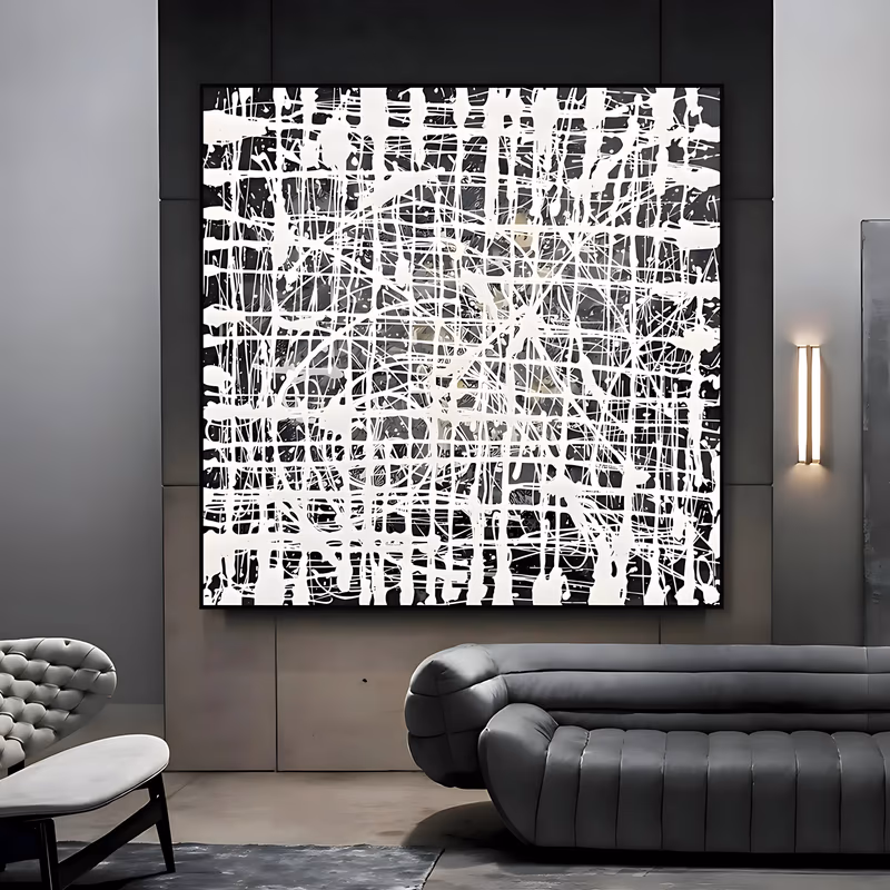 a large square abstract painting of tangled white drip lines poured in a dense web over a black ground, thickening into broad vertical bars near the bottom edge, in raised glossy poured paint