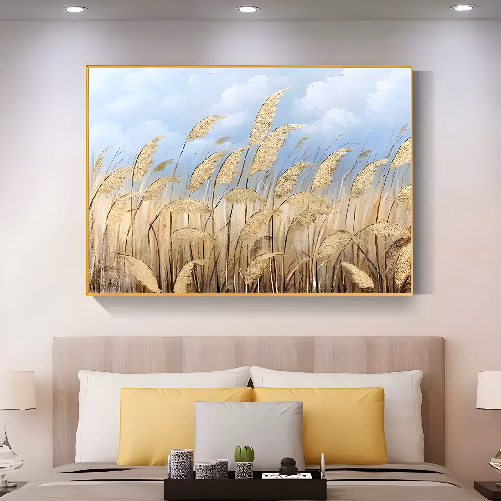 an oversized horizontal impasto landscape painting of tall golden reed plumes leaning in the wind under a soft blue sky with white clouds, seed heads raised in thick sculpted paint