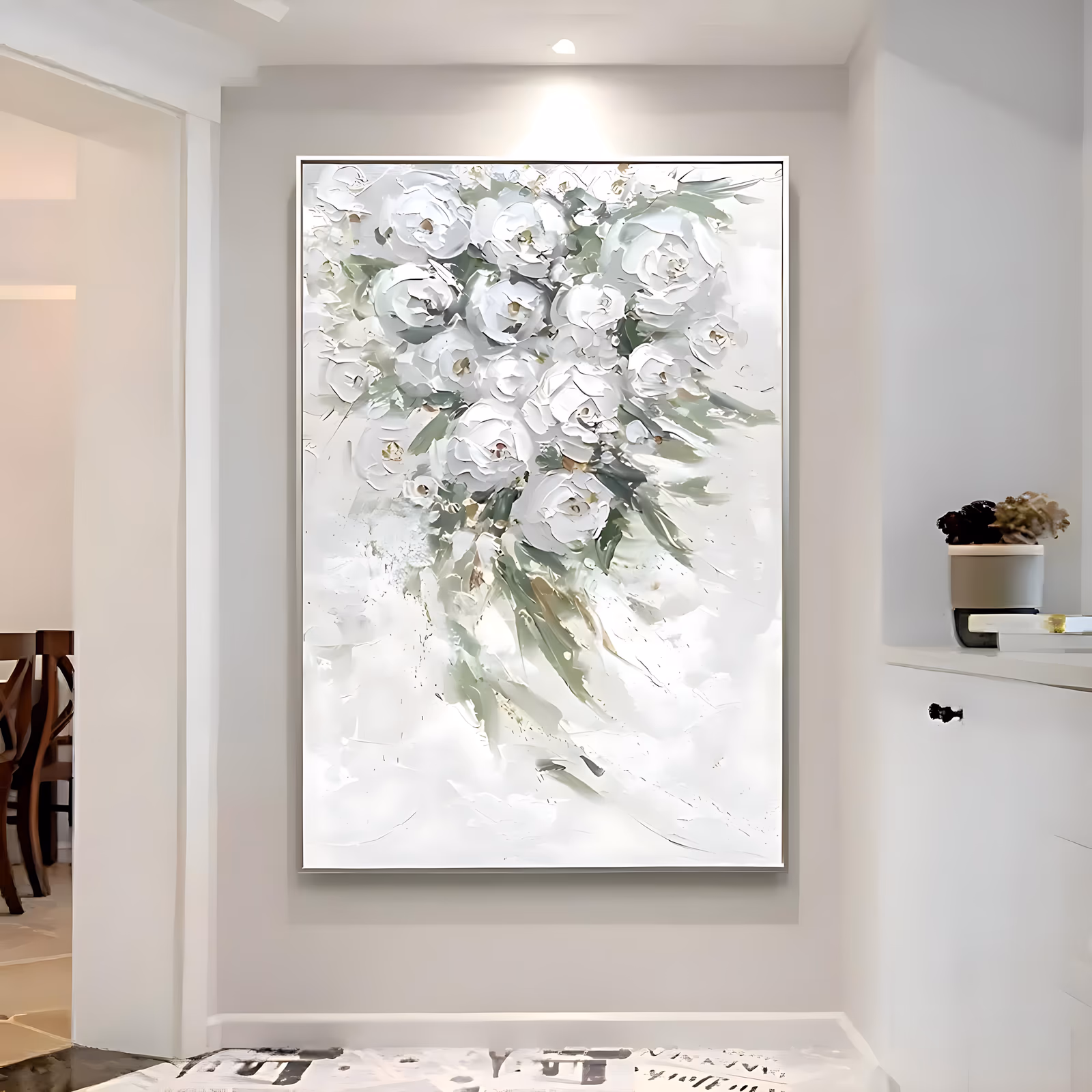 a large vertical textured painting of a loose bouquet of white sculpted roses gathered in the upper half with sage green leaves trailing down below, on an off-white ground, in palette-knife acrylic